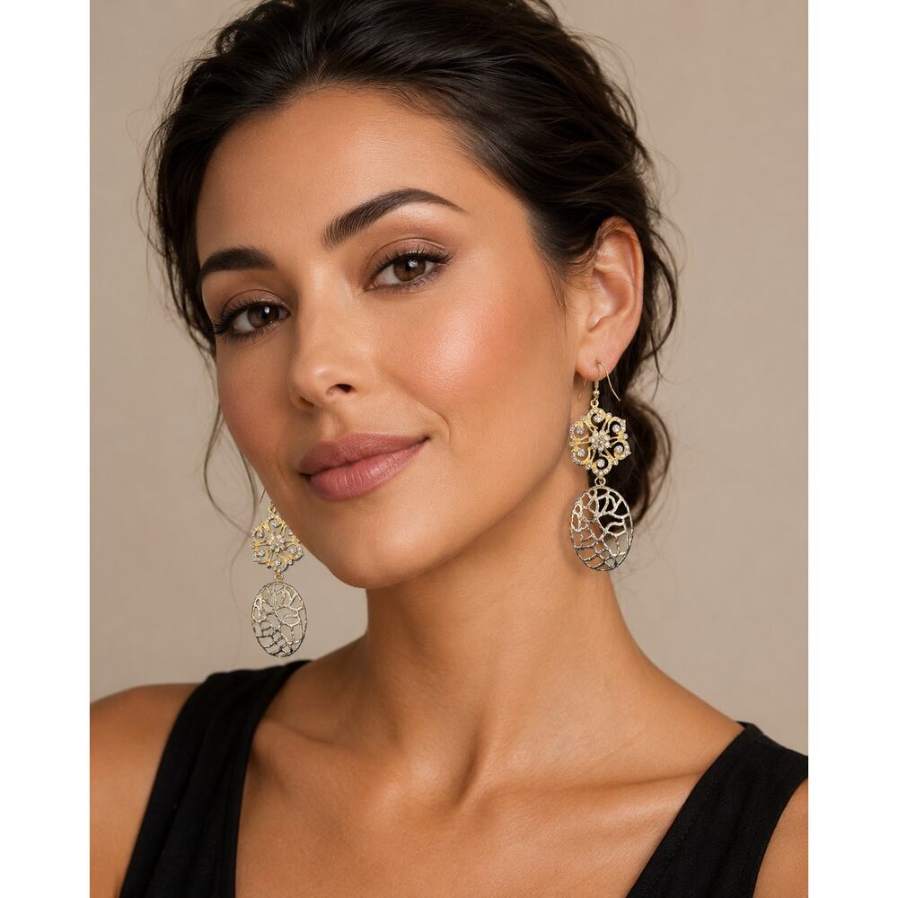 Sparkly Gold Tone Dangle Earrings | Rhinestone Statement Earrings